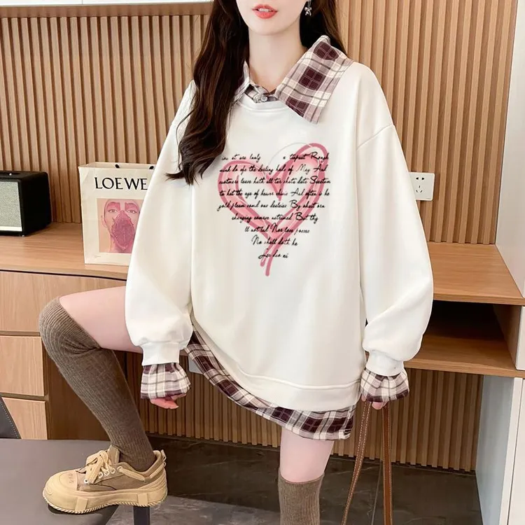 大码300斤春秋季爱心印花Polo领卫衣男女宽松格子拼接假两件上衣