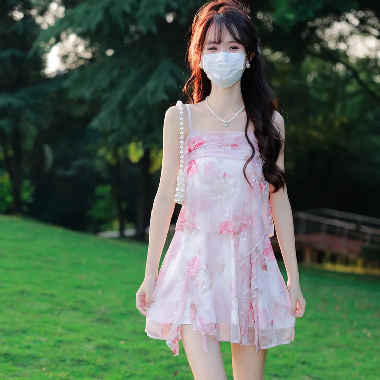花崎鹿原创连衣裙纯欲风吊带香缇玫瑰公主印花雪纺短裙仙气度假