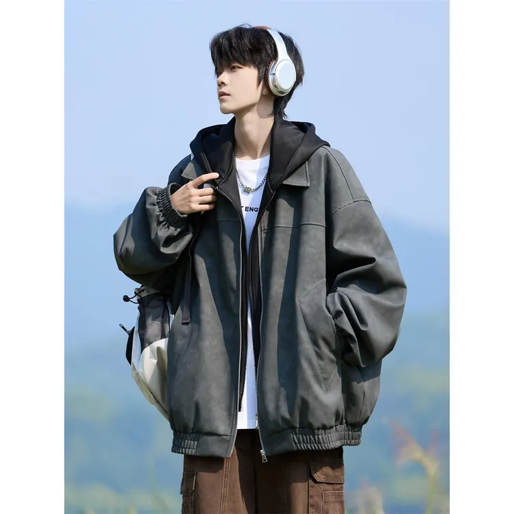 美式复古皮衣外套男士2025新款春秋假两件连帽夹克高级感痞帅褂子