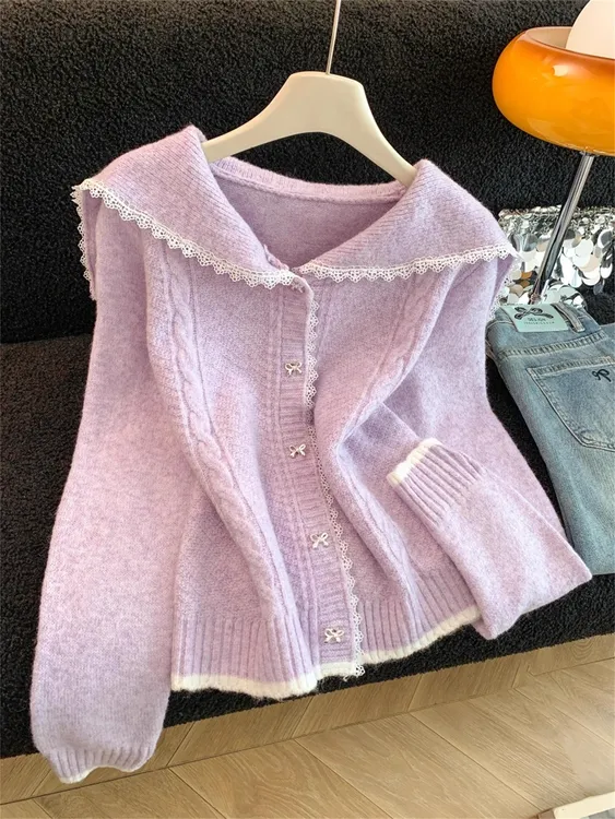 慵懒风翻领针织开衫毛衣外套女2025秋冬季洋气百搭甜美蝴蝶结上衣