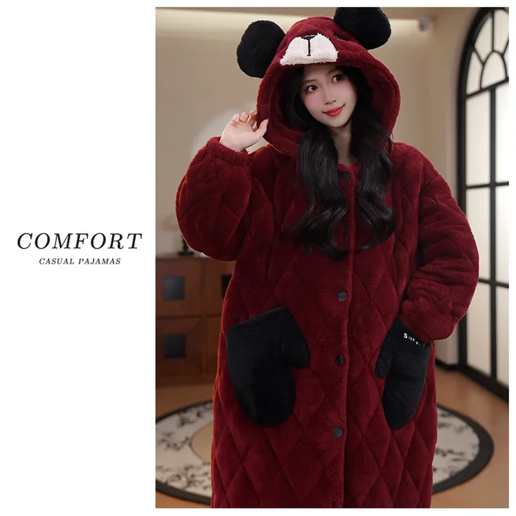 冬季三层夹棉睡袍女加绒加厚居家服套装居家舒适显白显瘦女士套装