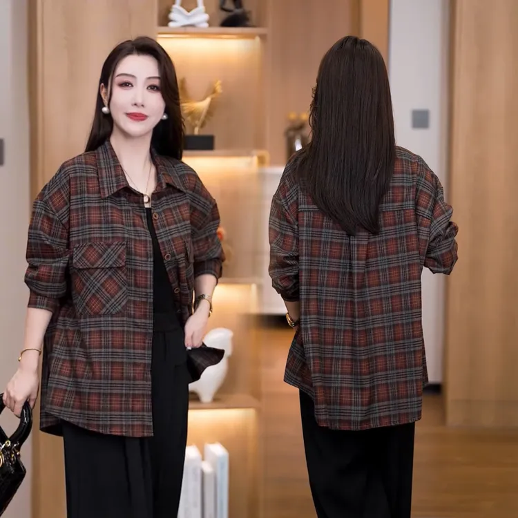 阔太太气质上衣格子衬衫女2025春秋新款爆款洋气加宽加大长袖上衣
