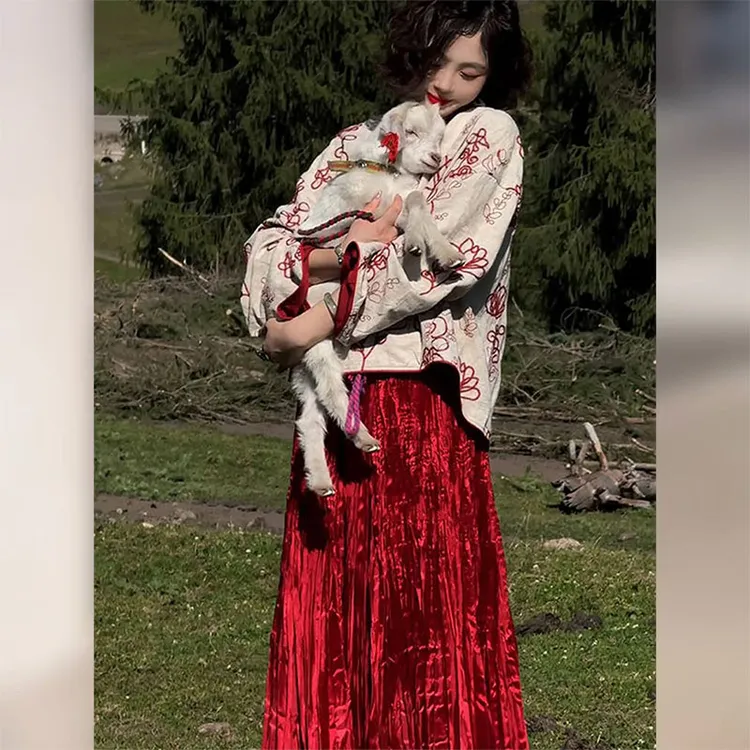 新中式女装国风改良唐装上衣外套红色半身裙两件套装2025早秋新款