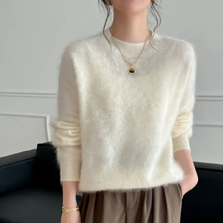 YR泓秋/傍晚时分 云雾感拉毛100%山羊绒衫女氛围感拉绒宽松毛衣