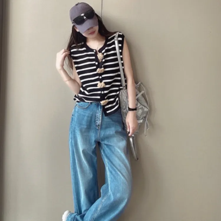 条纹无袖常规款薄款拼色毛针织衫开衫夏季撞色针织衫