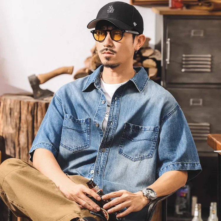 莱赛尔天丝牛仔衬衫男夏季美式复古宽松大码男士短袖衬衣薄款外套
