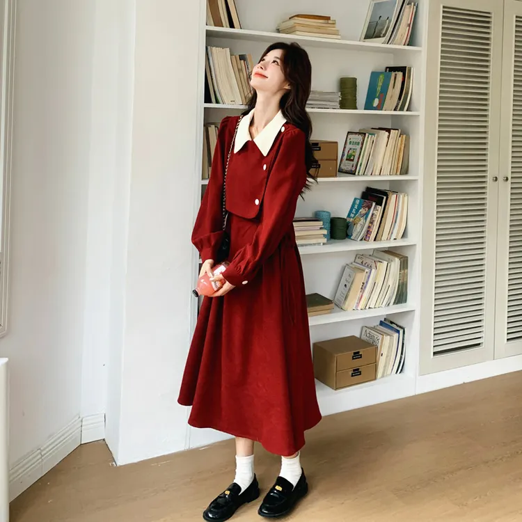法式红色假两件连衣裙女秋季新款收腰衣服显瘦高级感时尚气质长裙
