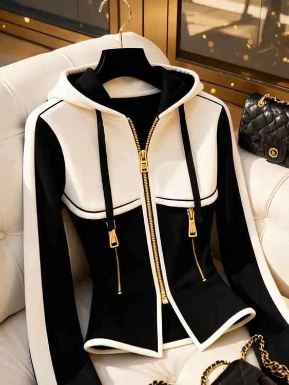 黑白撞色连帽外套女2025冬季高级感气质轻熟加厚保暖百搭拉链上衣