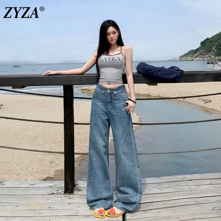 ZYZA美式复古窄版直筒牛仔裤女秋新款高腰显瘦小个子设计感阔腿裤