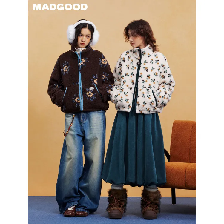 madgood休闲时尚百搭小碎花撞色包边羊羔毛外套MDGDWT14903