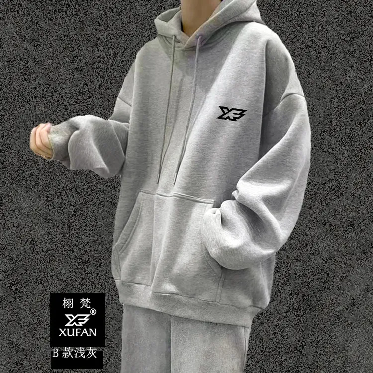 浅灰带帽薄款卫衣纯棉学生ins港风宽松休闲运动卫衣