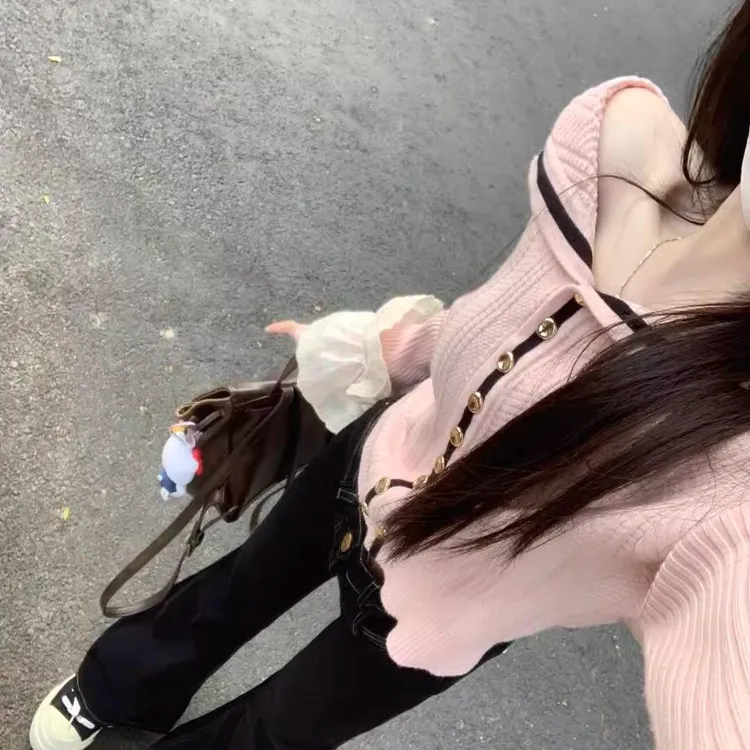 海军领粉色一字肩毛衣开衫女秋冬季新款甜美减龄针织短款上衣外套