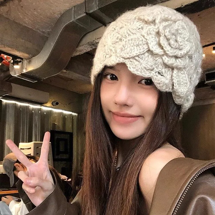 秋冬薄款镂空毛线帽女复古文艺针织帽堆堆帽日系手工编织包头帽子