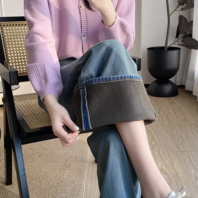 大码MA家Boyiyiyi冬季大长腿筒喇叭拖地牛仔复古蓝高腰加绒阔腿裤