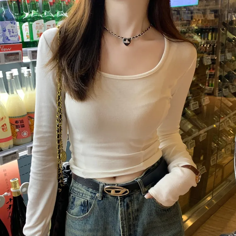 白色打底衫女内搭早秋穿搭2025年新款修身短款秋季上衣u领长袖t恤