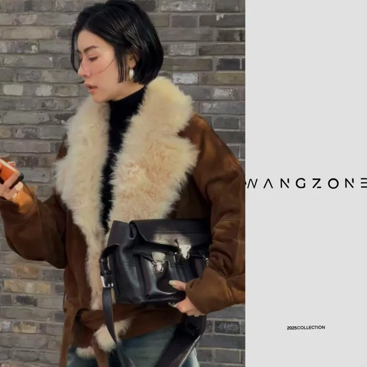WANG ZONE | 复古大翻领羊皮束腰派克服外套