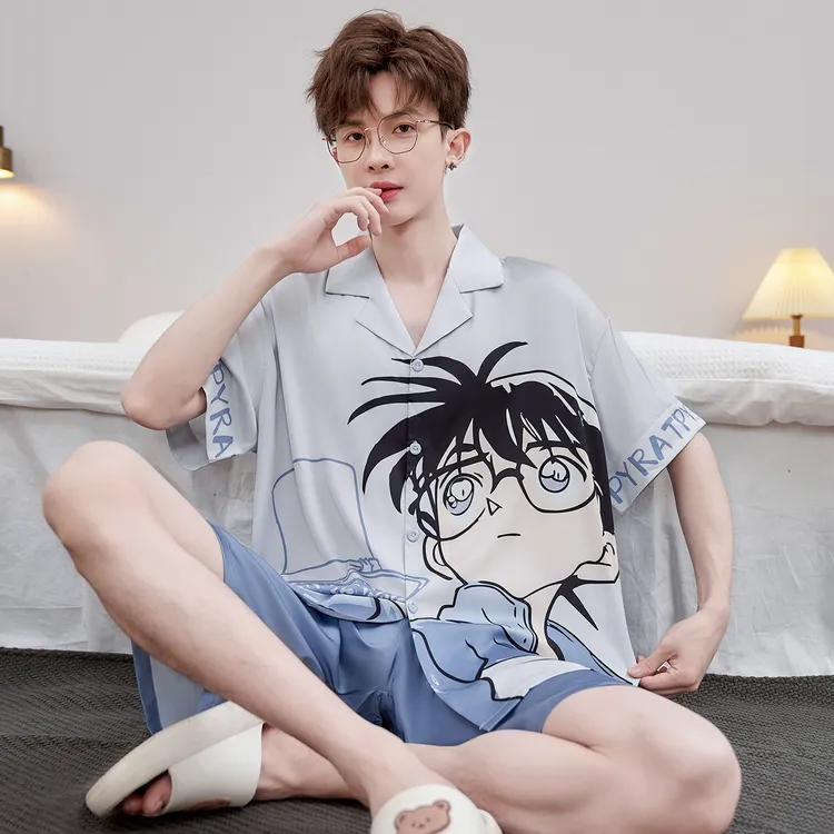 冰丝睡衣男夏季短袖卡通薄款青少年夏天大码可外穿凉感家居服套装