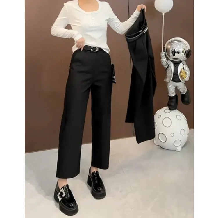 高腰直筒九分西装休闲裤女2025年春季新款小个子弹力显瘦法棍裤