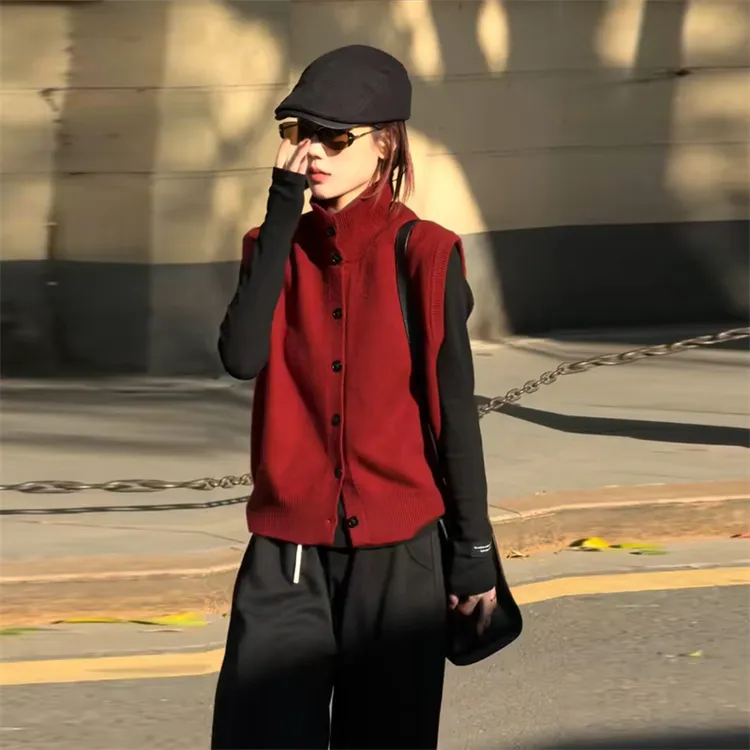 复古通勤纯色打底上衣针织马甲套装女2026春季新款宽松韩系上衣潮