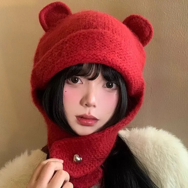 可爱小熊耳朵针织毛线帽女秋冬新款保暖护耳帽子显脸小雷锋帽潮