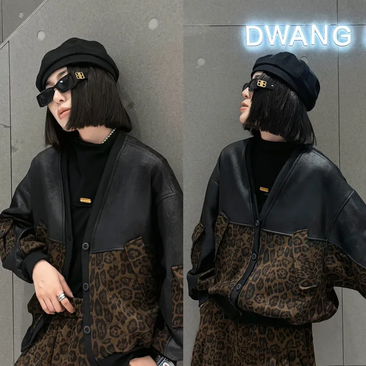 时尚欧版设计师款豹纹宽松百搭显瘦加绒外套8811复古