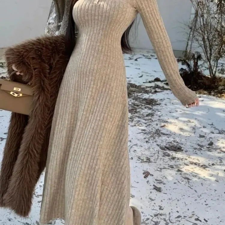 时尚大方~修身气质裙领针织法式中长裙秋季收腰洋气针织连衣裙