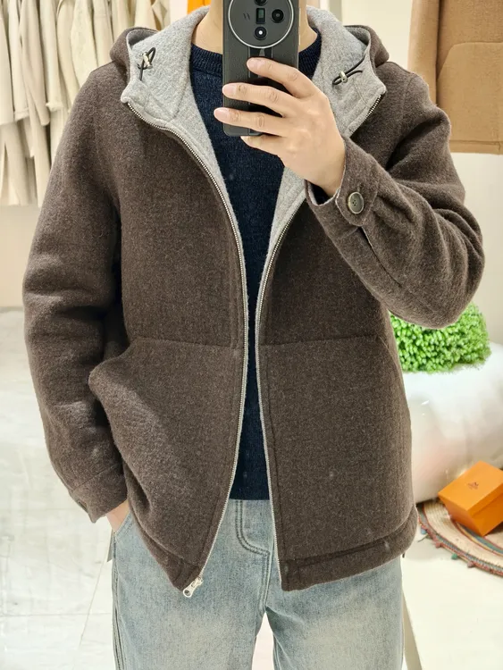 水木艮春季短款男士手工双面羊毛大衣时尚连帽休闲百搭外套