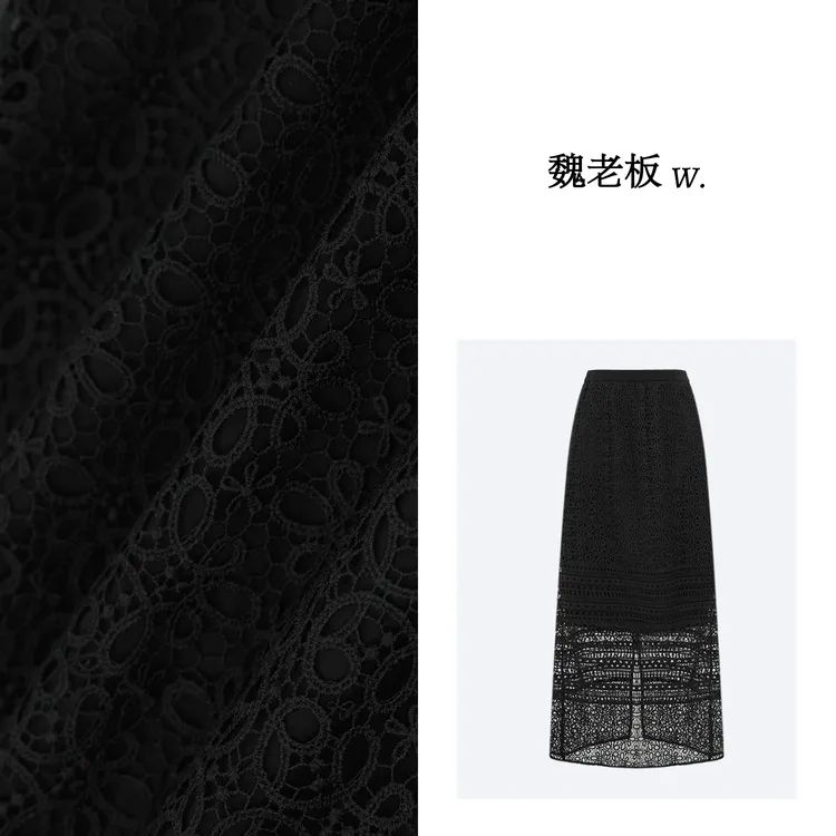 W.Diva【墨池】黑色镂空修身蕾丝中长款半身裙纯欲慵懒风51K251098