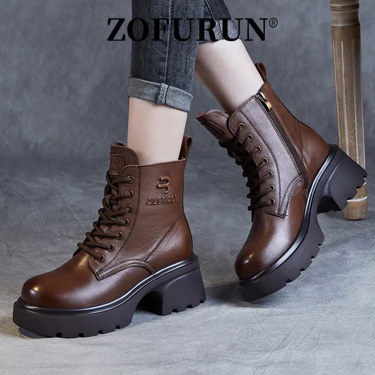 ZOFURUN马丁靴女新款真皮厚底复古时尚小短靴潮粗跟圆头