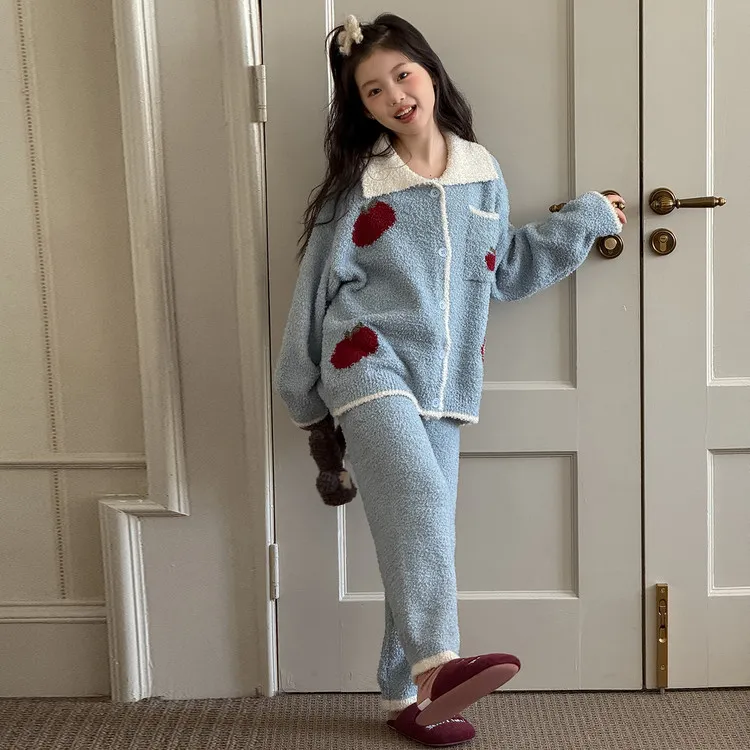 女童网红爆款睡衣秋冬2025新款女大童珊瑚绒套装女孩半边绒家居服