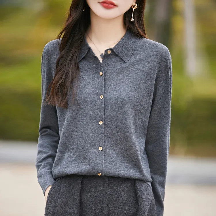 春秋新款~！2025新款女士polo领针织衫打底衫秋冬开衫长袖羊毛精纺