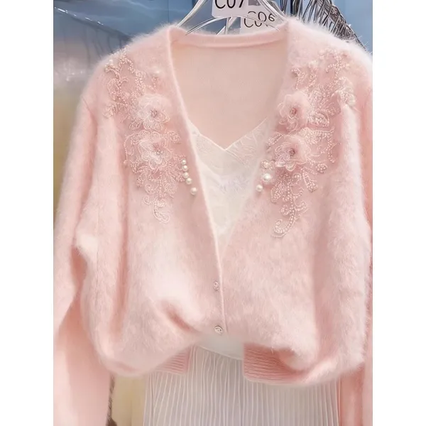 长袖针织衫女2025秋冬新款韩版宽松V领重工钉珠上衣洋气毛衣外套