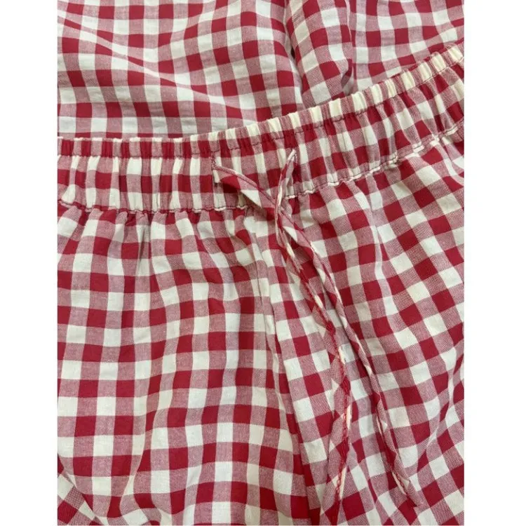 韩系外穿棉麻裤宽松显瘦设计感松紧腰薄款格子直筒显白裤子阔腿