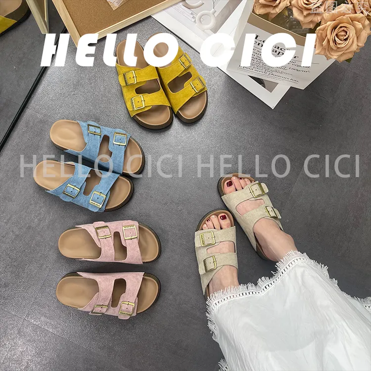 【退货补运费】复古博肯搭扣厚底松糕拖鞋女韩版拖沙滩拖凉拖9008