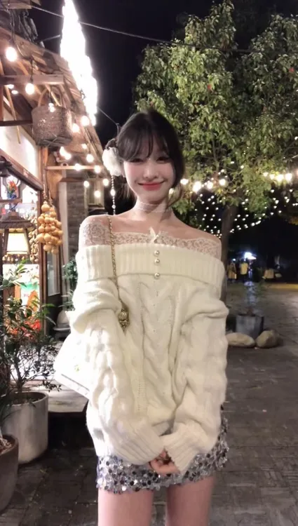 高级感甜美纯欲风一字领蕾丝拼接麻花针织衫长袖上衣气质亮片短裙