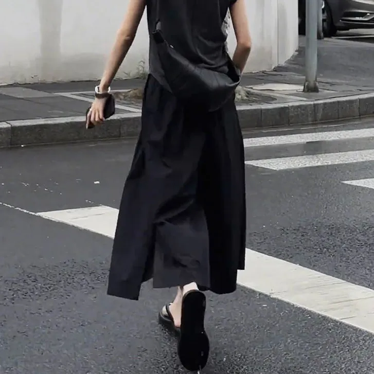 网红初秋高腰显瘦七分裤潮流松紧腰宽松百搭裤裙女开叉阔腿休闲裤