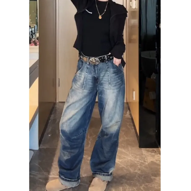 2025早秋新款高腰显瘦阔腿时尚弯刀牛仔裤