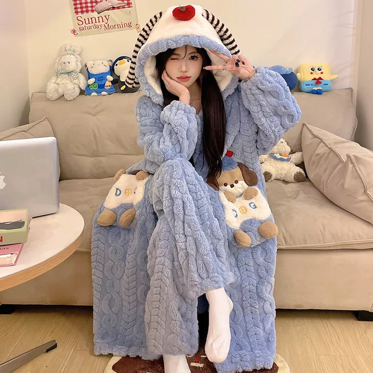 珊瑚绒睡衣女款秋冬季加厚加绒法兰绒冬天卡通可爱家居服套装睡袍
