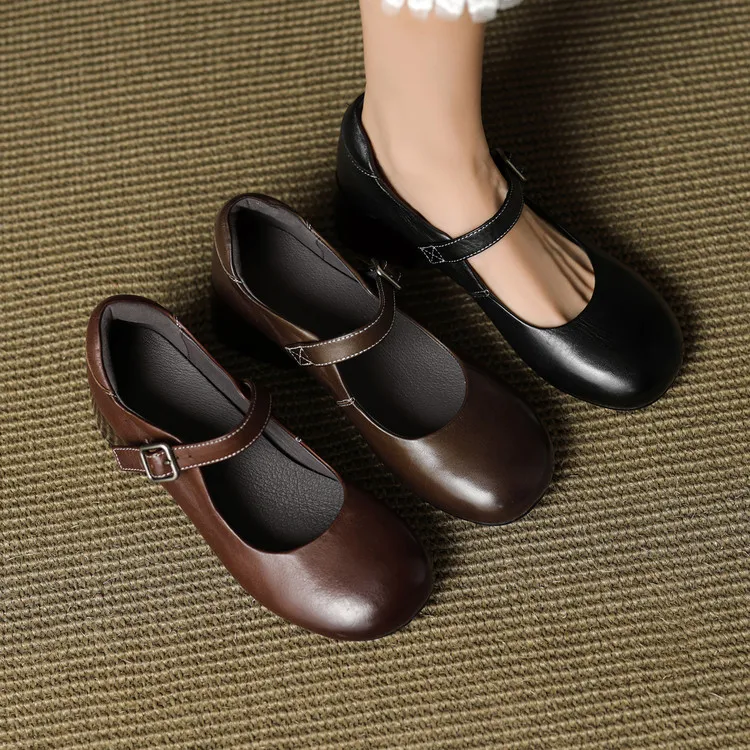 法式复古&4.5cm高级感马皮浅口单鞋女款真皮一字扣粗跟玛丽珍女鞋