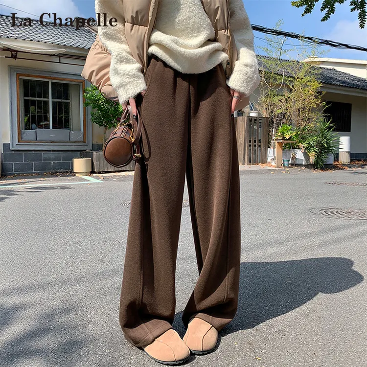 拉夏贝尔米白色加绒针织弯刀裤女冬季香蕉卫裤垂感休闲糯米阔腿裤