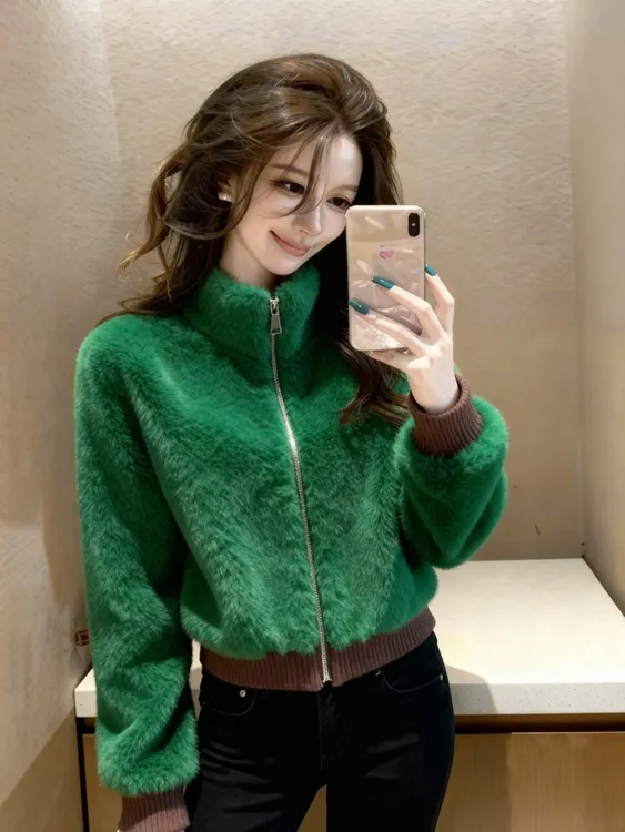 韩系巨好看绿色百搭立领拉链卫衣女冬季加厚保暖短款毛绒绒外套
