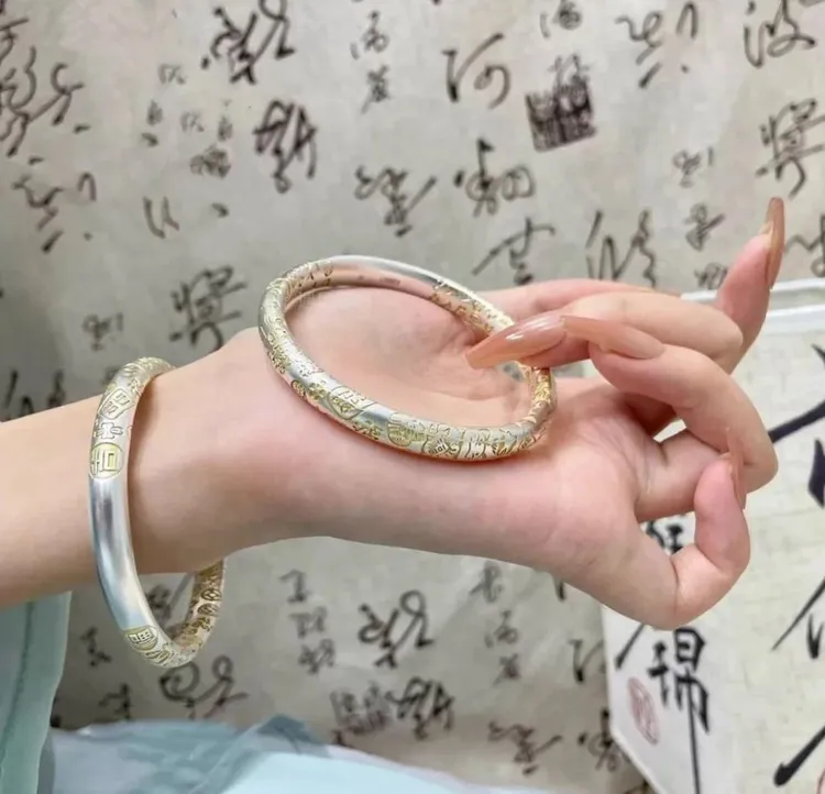 足银手镯 A36足银9999古法描金吉言招财猫金意禅闭口实心手镯