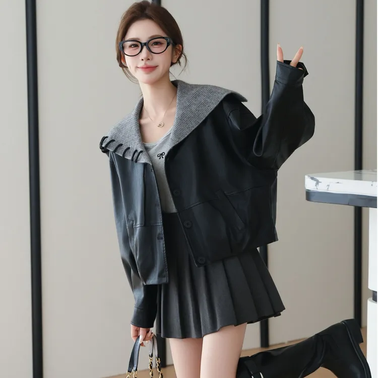 早秋新款设计感海军领皮衣夹克女休闲显瘦短款外套