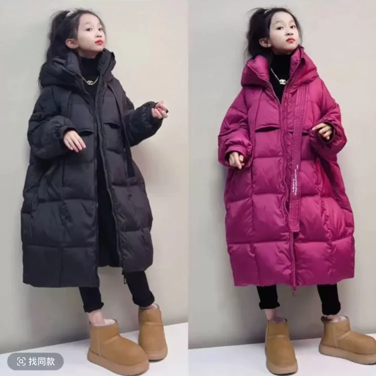 女童长款宽松2025新款羽绒服时尚飘带连帽韩版白鸭绒外套中大童潮