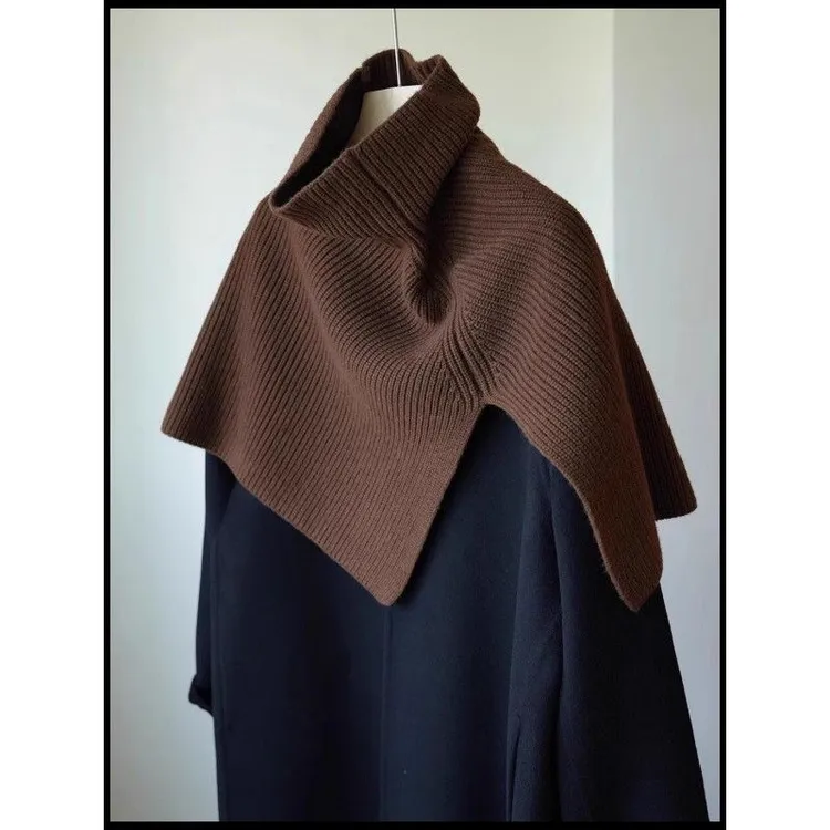 不规则咖色高领针织披肩围脖女冬季外搭高级感套头围巾保暖脖套