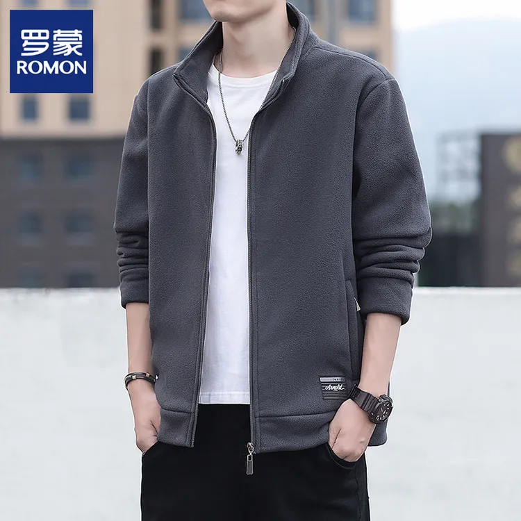 Romon/罗蒙休闲外套男士秋冬新款立领抓绒卫衣摇粒绒开衫夹克上衣