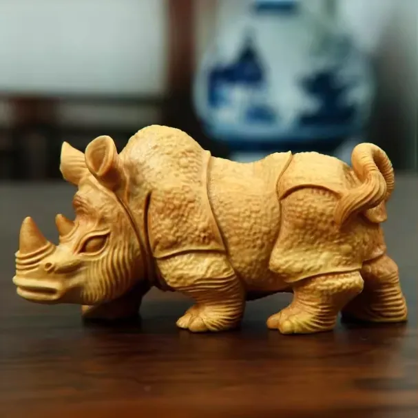 黄杨木雕摆件犀牛手把件神兽动物木质雕刻中式家居装饰财工艺品