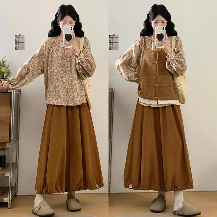 大码胖mm衬衫蕾丝花边拼接针织马甲彩色扣子灯芯绒半身裙套装女