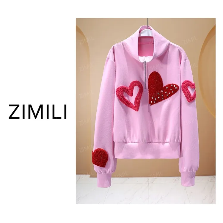 【亮哥欧货女装】2025冬季加厚《心动》樱花粉刺绣高领卫衣5962-K5