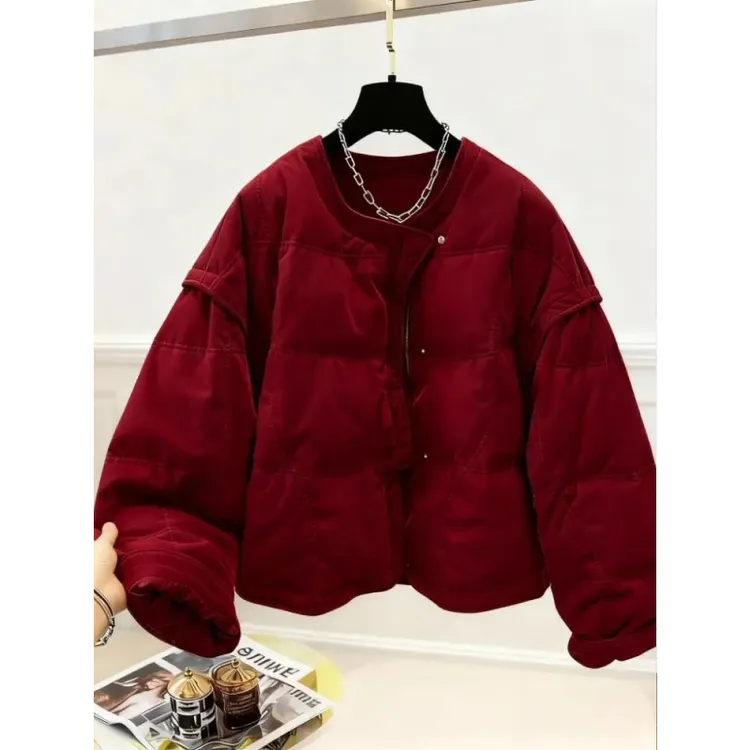 2025冬季新款老钱风红色显瘦棉服保暖外套拼接时髦通勤小众面包服